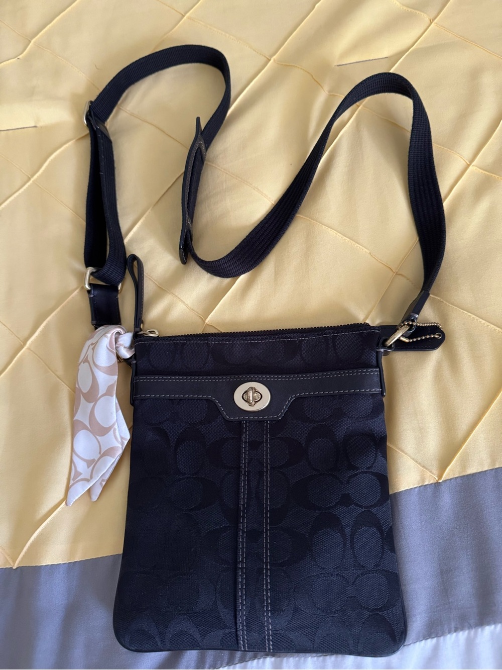 Coach Black Monogram Crossbody Bag with Cream Logo Scarf Accent